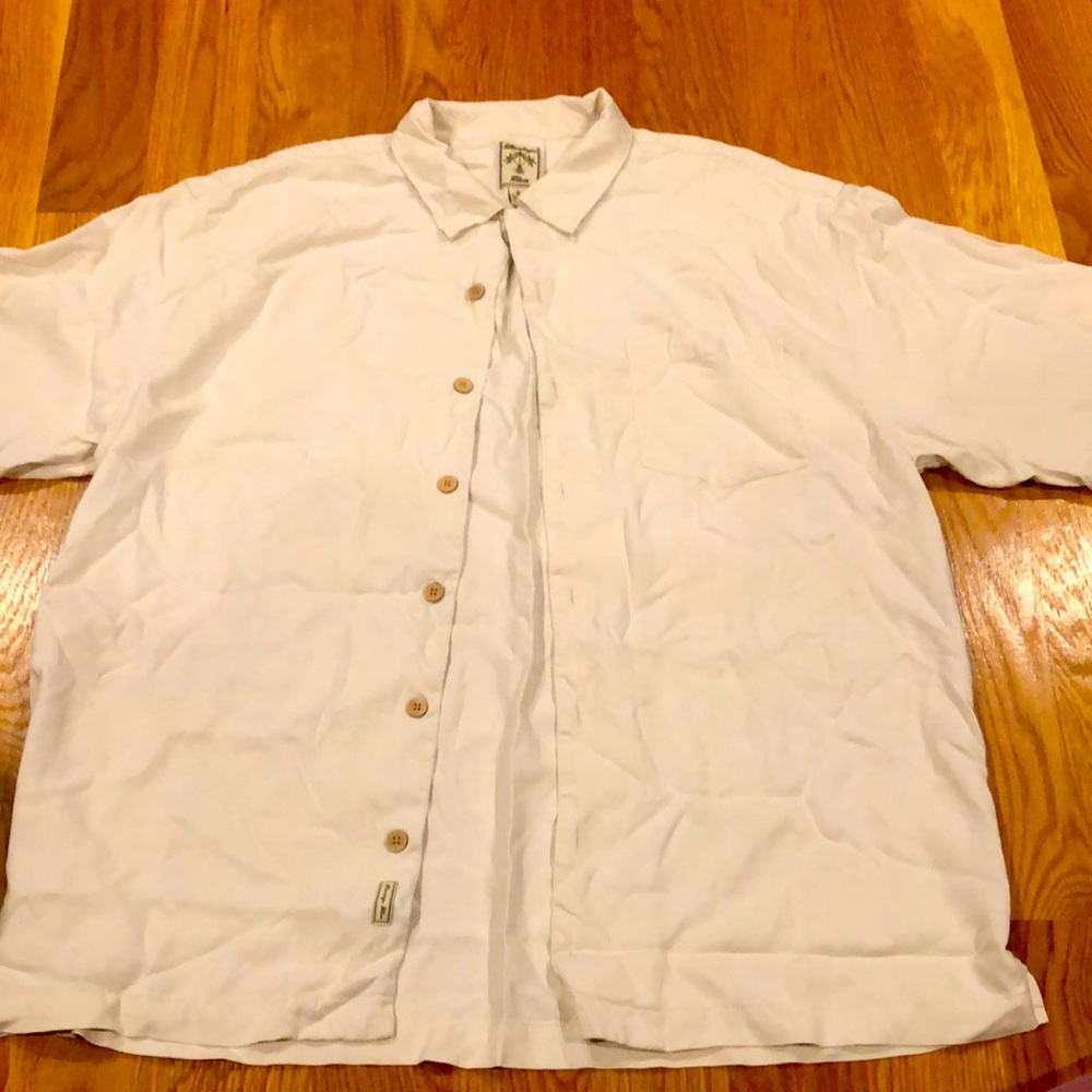 100% silk ? Yes cool cream shirt for you trip to the Caribbean!”Montego Mon”